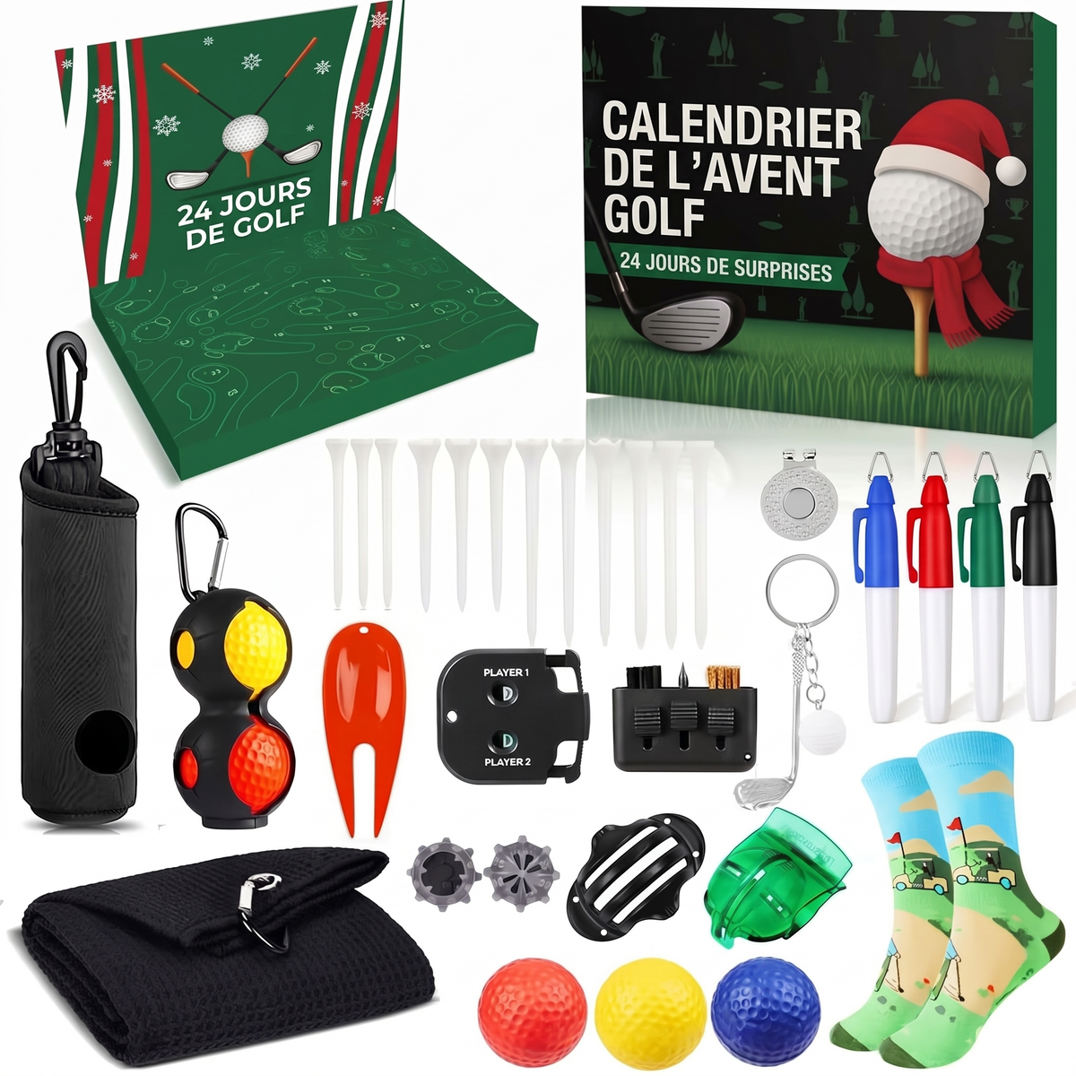 Calendrier de l'avent golf – 24 accessoires avec serviette, manchettes et chaussettes