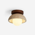 Plafonnier compact aspect pierre – globe opale et embase bois