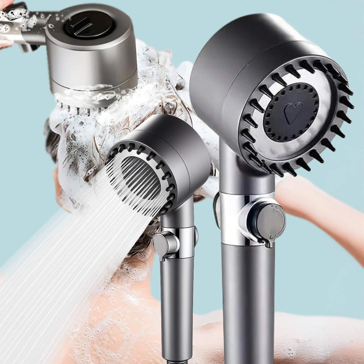 Pommeau de douche haute pression – trois jets et bouton d'arrêt