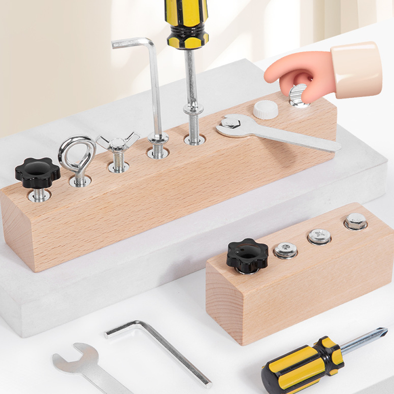 Planche à visser Montessori – hêtre massif, vis variées et outils inclus