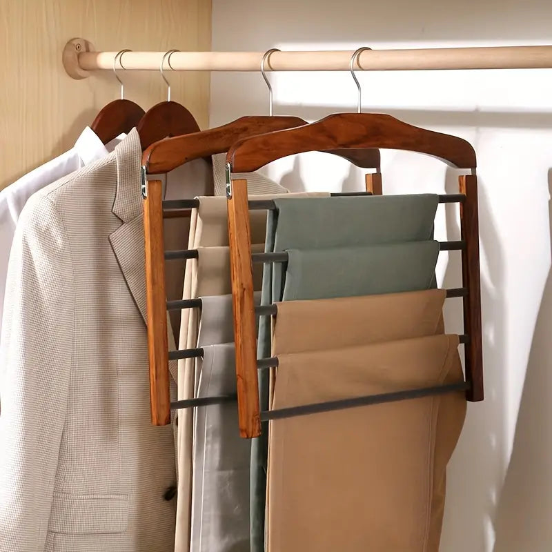 Cintre à pantalons 5 barres – bois et métal, crochet pivotant