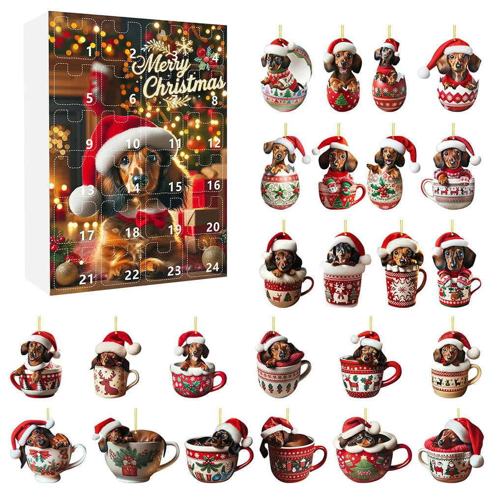 Calendrier de l'avent teckel – 24 ornements en acrylique, teckels en tasse et en œuf