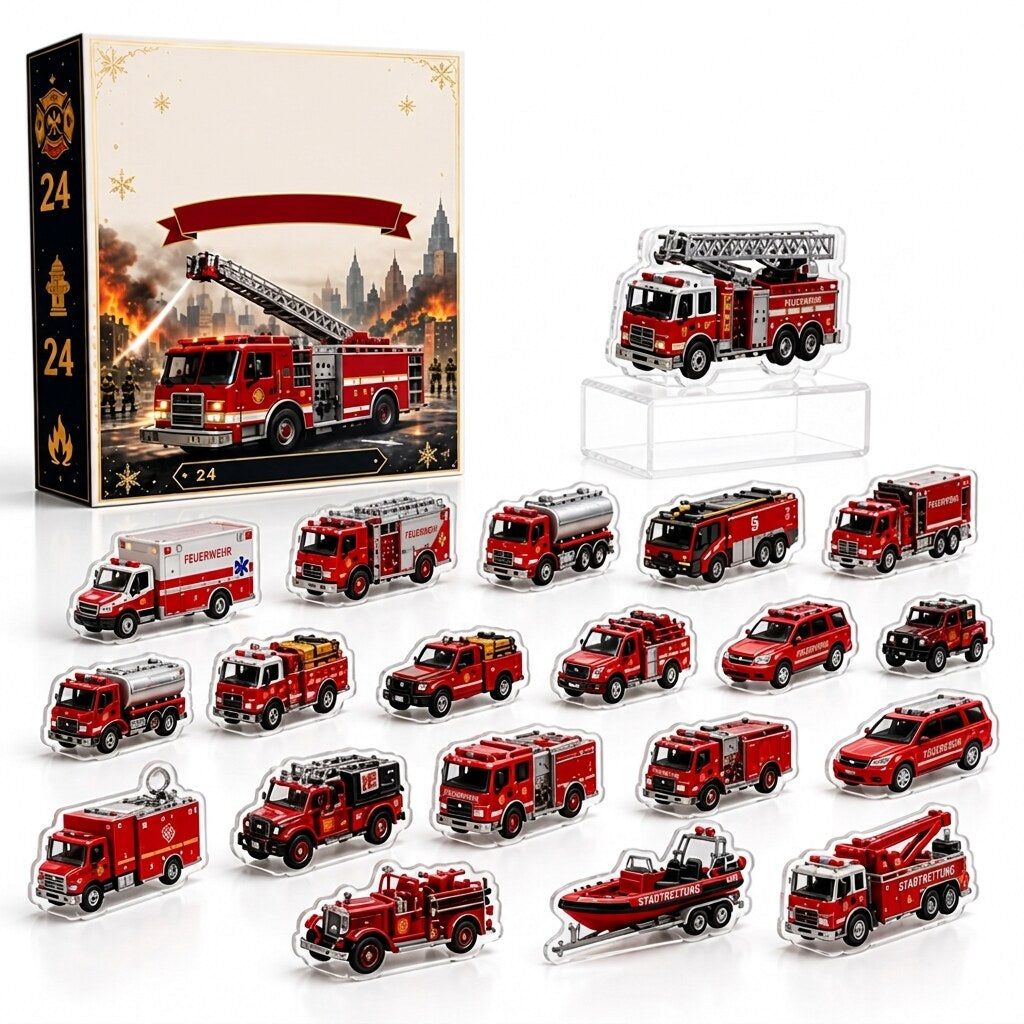 Calendrier de l'avent pompiers – 24 véhicules en acrylique à poser ou suspendre