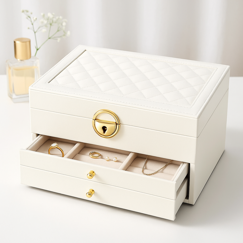 Boîte à bijoux à tiroirs – trois niveaux, intérieur doublé