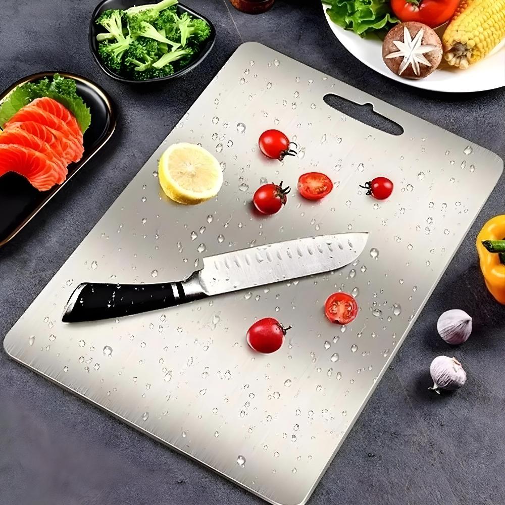 Planche à découper en inox – surface non poreuse et poignée intégrée