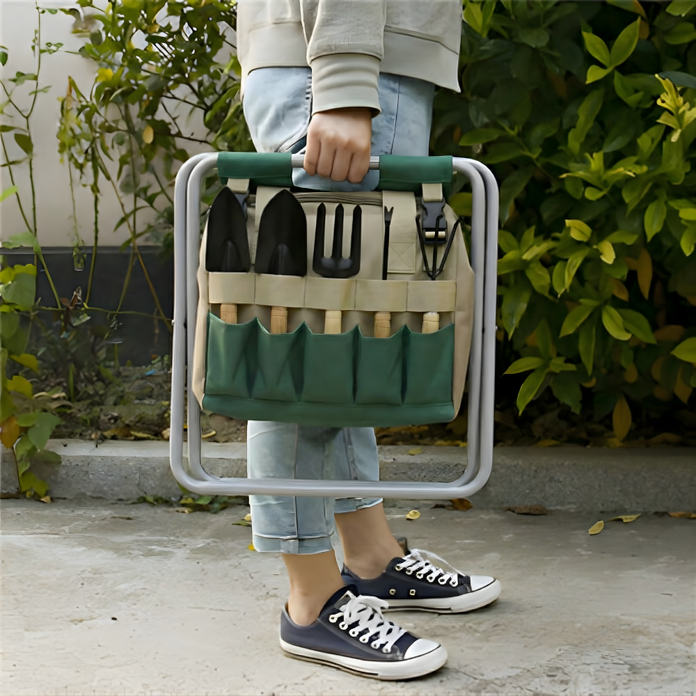 Kit d'outils de jardinage avec tabouret pliant – sac de rangement et six outils à main