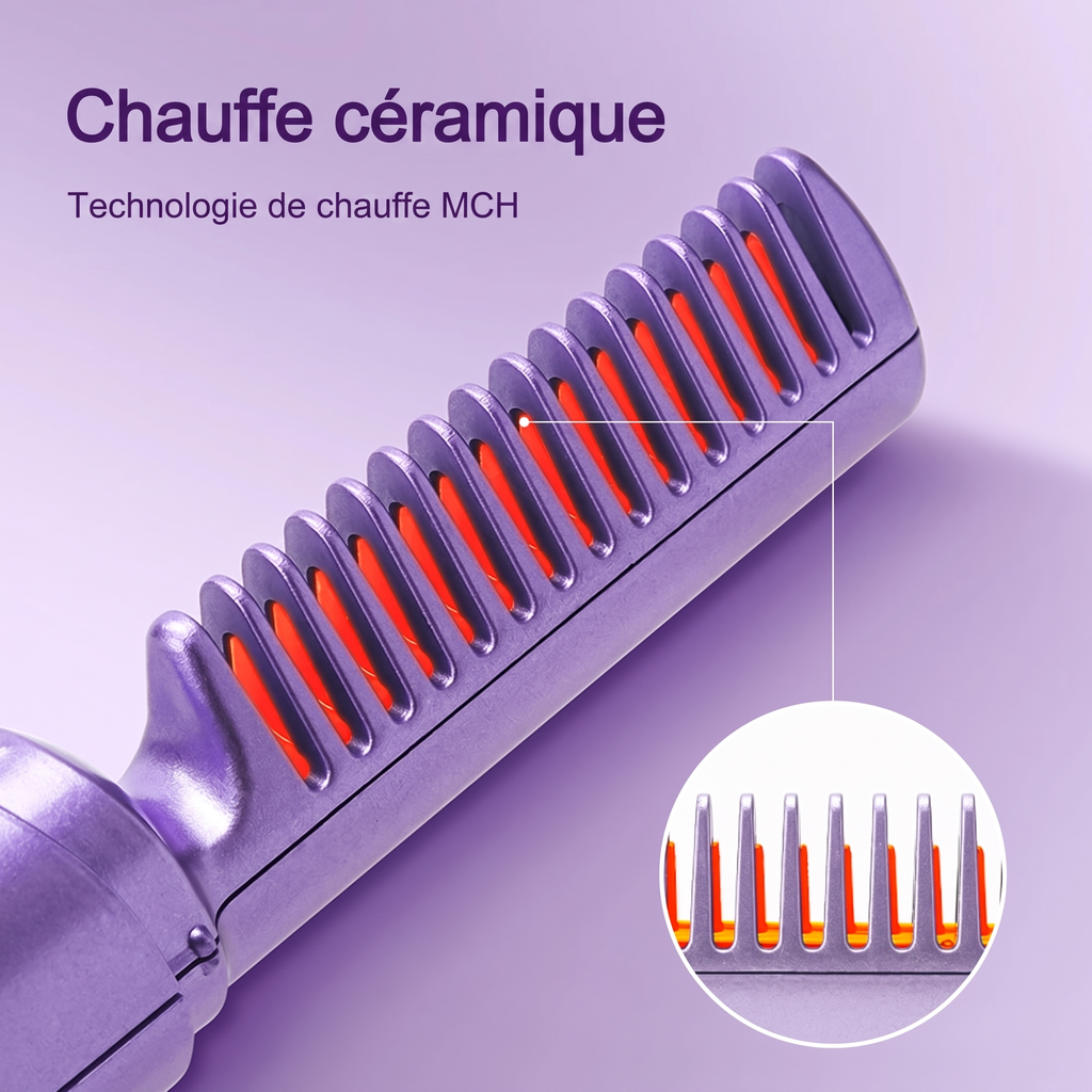 Peigne lissant chauffant sans fil – dents céramique, capuchon de protection