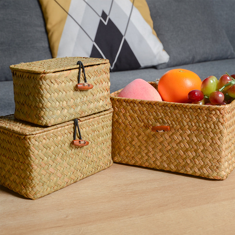 Panier de rangement tressé avec couvercle – fibres naturelles, trois tailles