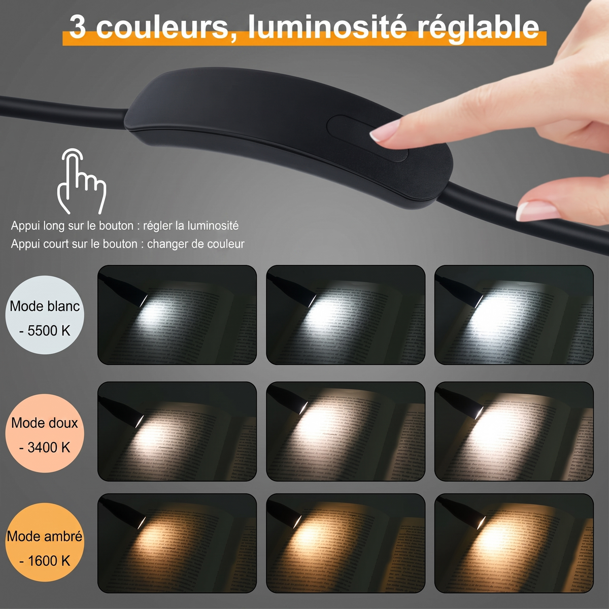 Lampe de lecture tour de cou – trois couleurs de lumière, variateur, rechargeable par USB