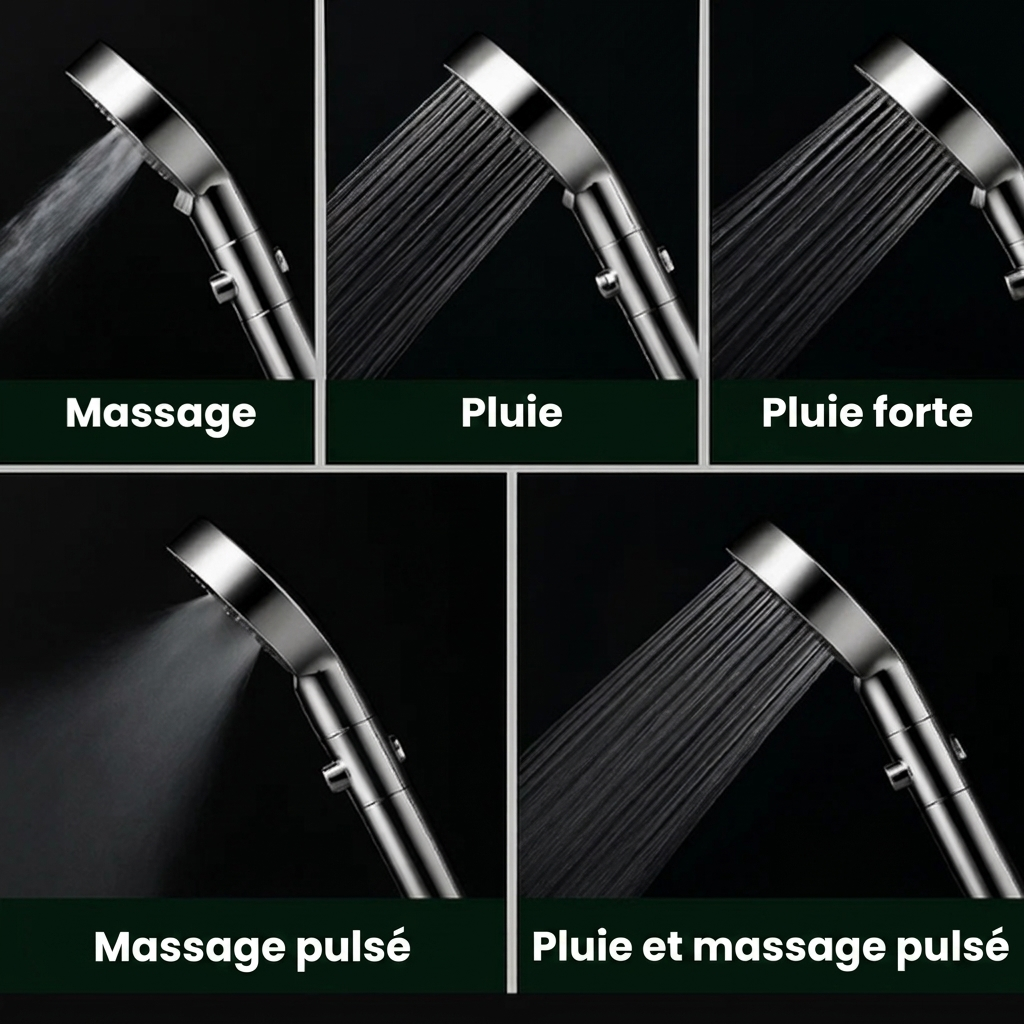 Les jets du pommeau de douche : massage, pluie, pluie forte et massage pulsé