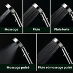 Les jets du pommeau de douche : massage, pluie, pluie forte et massage pulsé