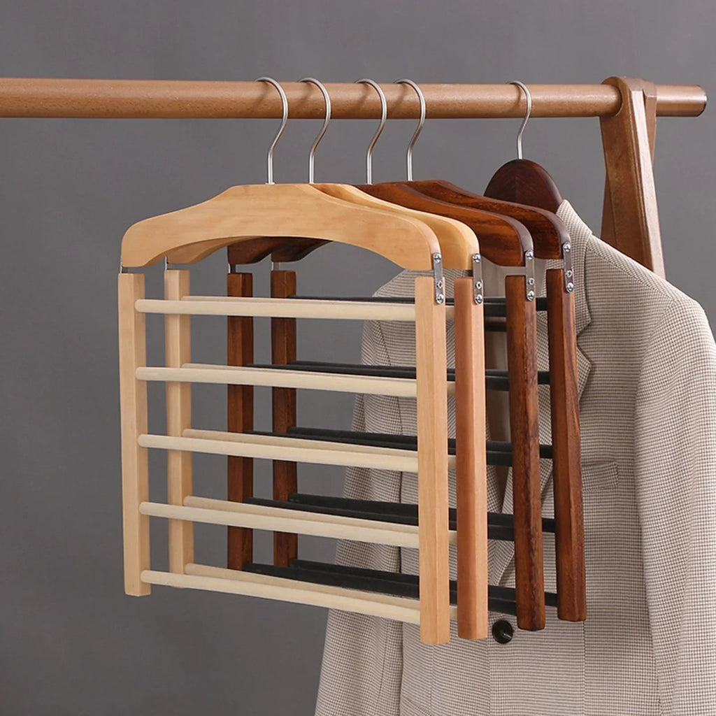 Cintre à pantalons 5 barres – bois et métal, crochet pivotant