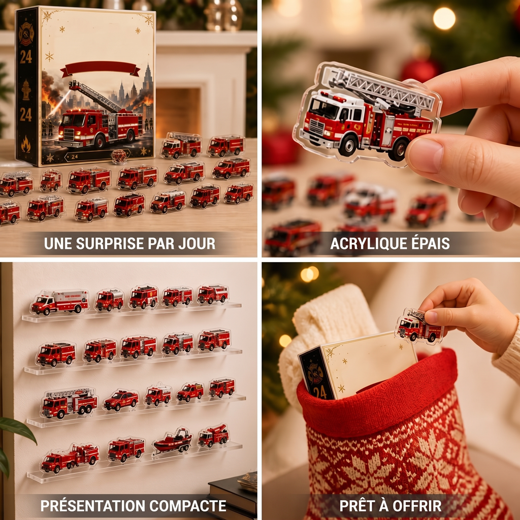 Calendrier de l'avent pompiers – 24 véhicules en acrylique à poser ou suspendre