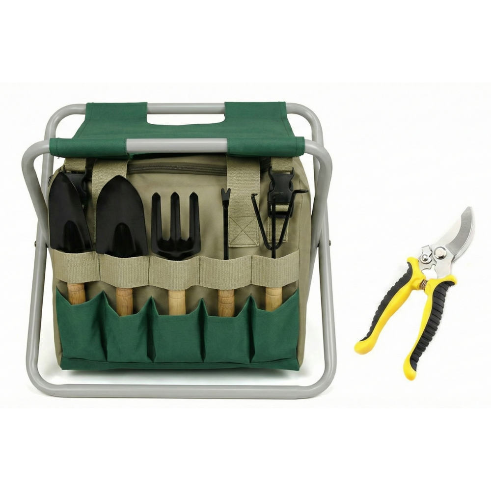 Kit d'outils de jardinage avec tabouret pliant – sac de rangement et six outils à main