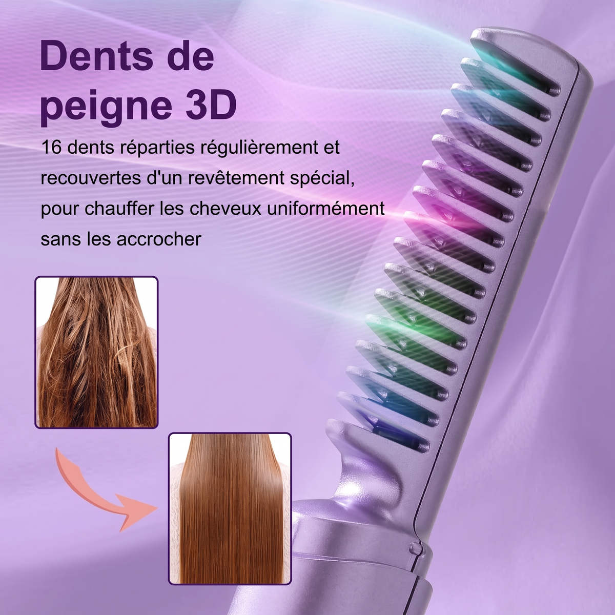 Peigne lissant chauffant sans fil – dents céramique, capuchon de protection