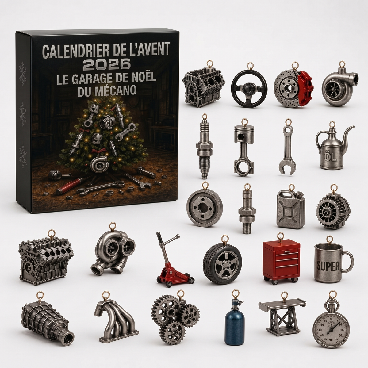 Calendrier de l'avent mécanique – 24 miniatures de pièces auto et d'outils de garage