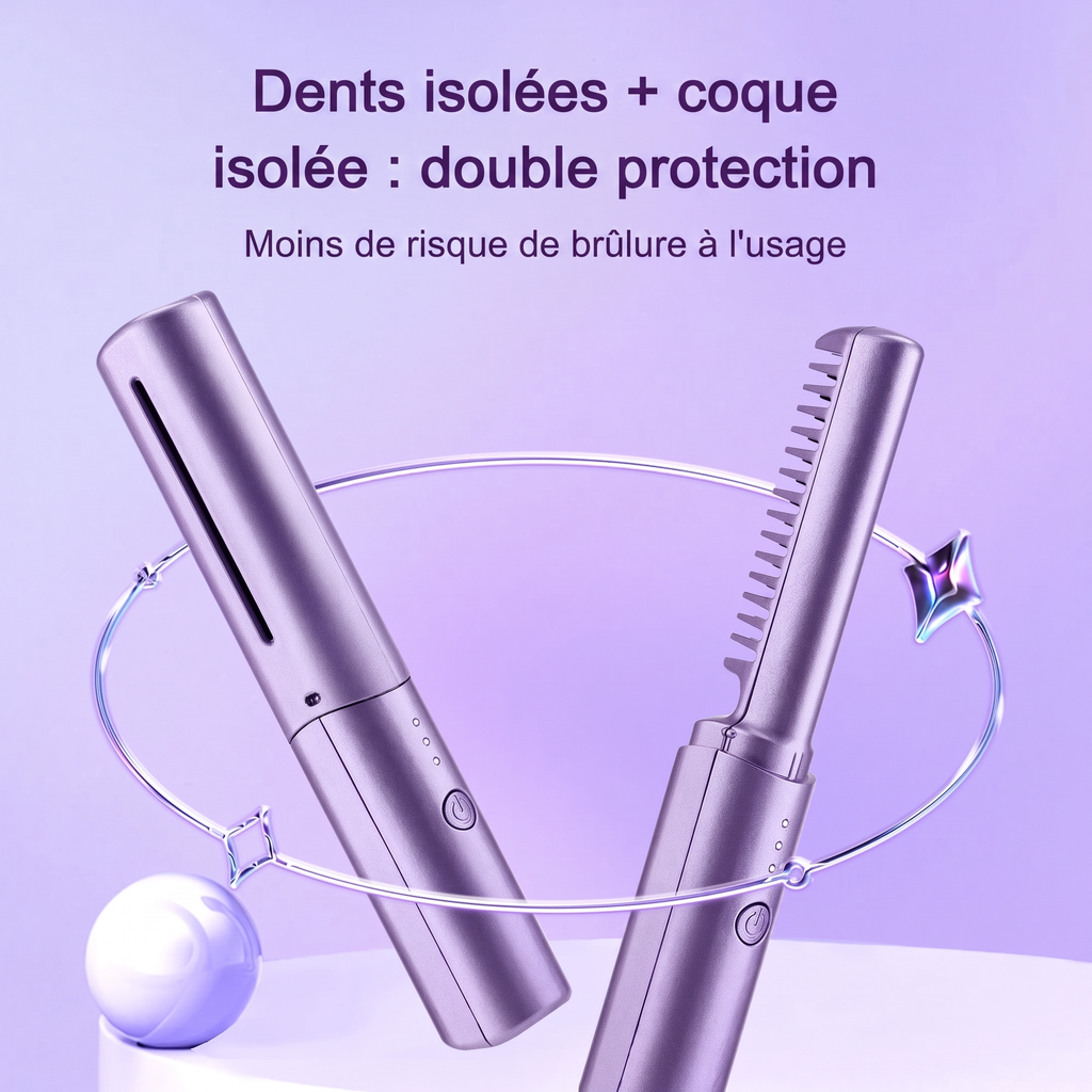 Peigne lissant chauffant sans fil – dents céramique, capuchon de protection