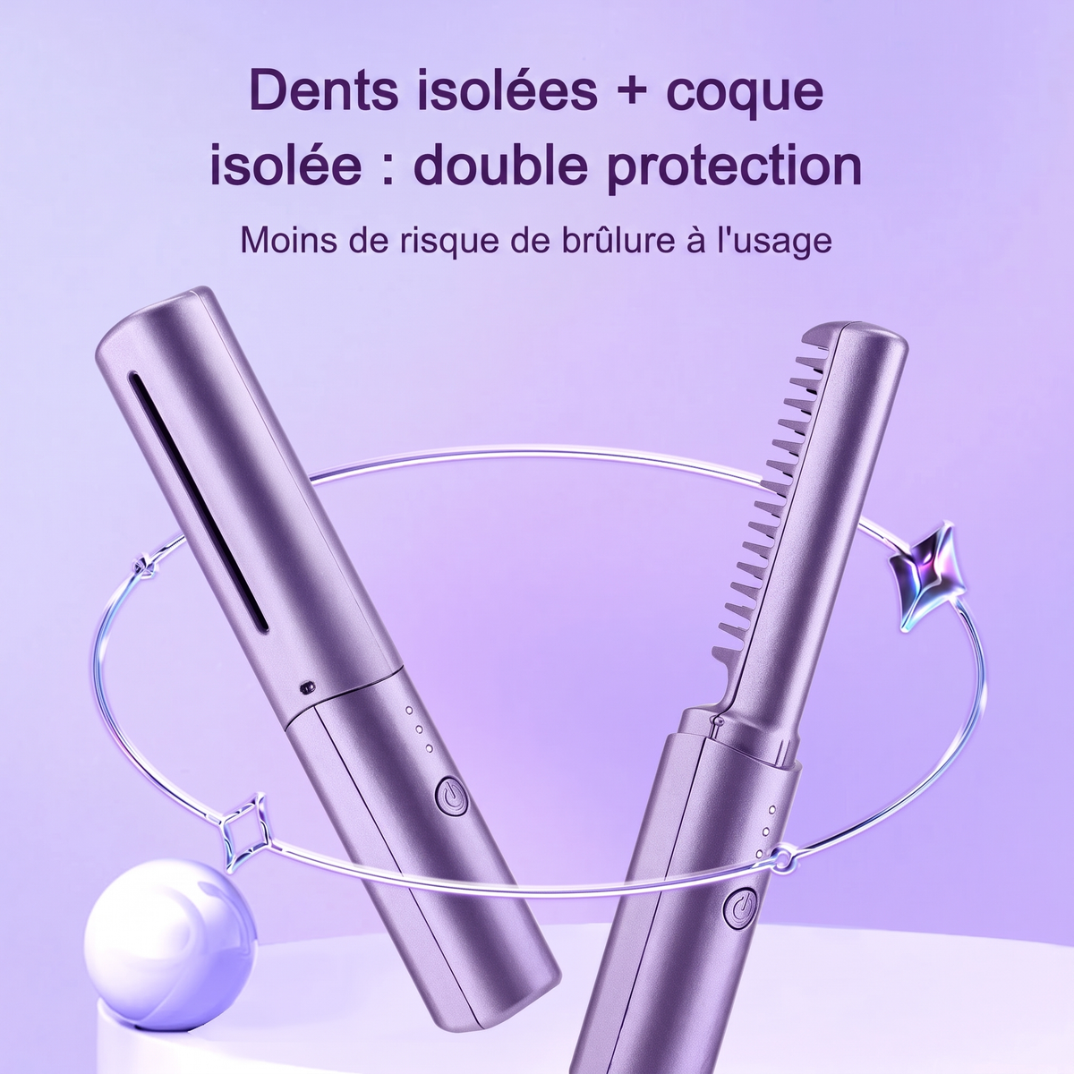Peigne lissant chauffant sans fil – dents céramique, capuchon de protection