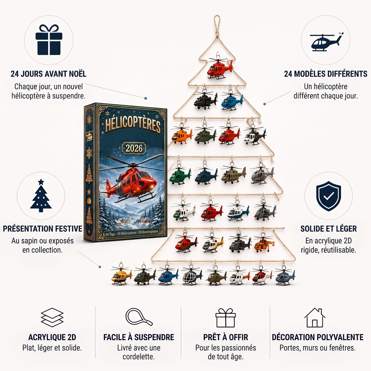 Calendrier de l'avent avions – 24 ornements en acrylique à suspendre, trois modèles