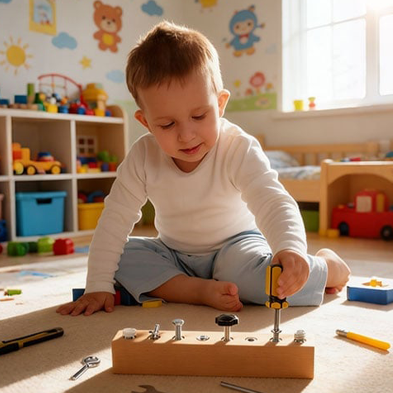 Planche à visser Montessori – hêtre massif, vis variées et outils inclus