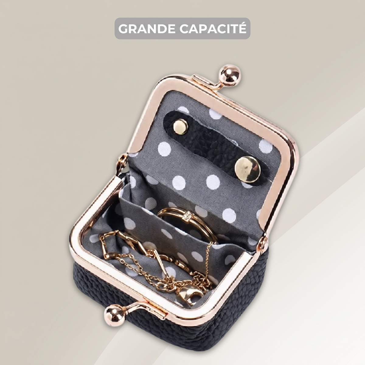 Boîte à bijoux de voyage – cuir grainé, fermoir à clip et intérieur compartimenté
