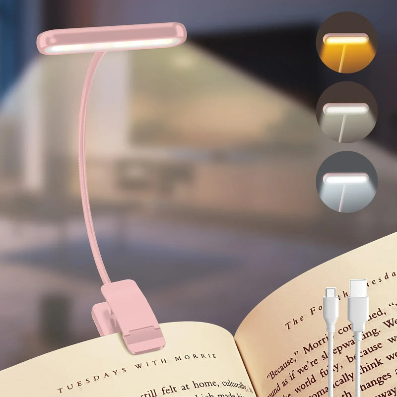 Lampe de lecture à pince rechargeable – bras flexible, 3 teintes