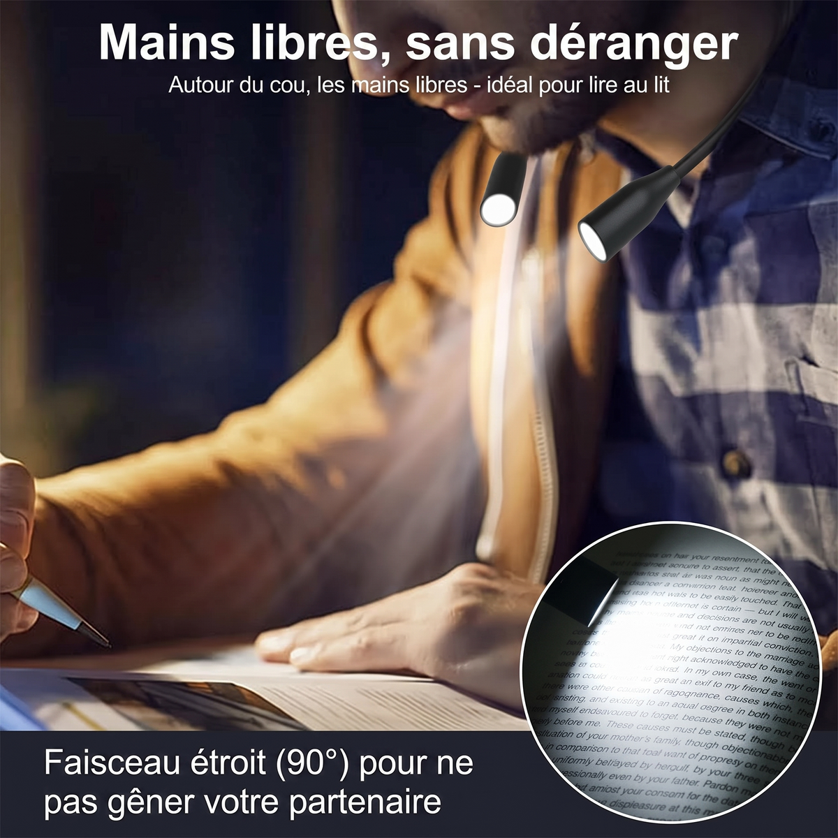 Lampe de lecture tour de cou – trois couleurs de lumière, variateur, rechargeable par USB