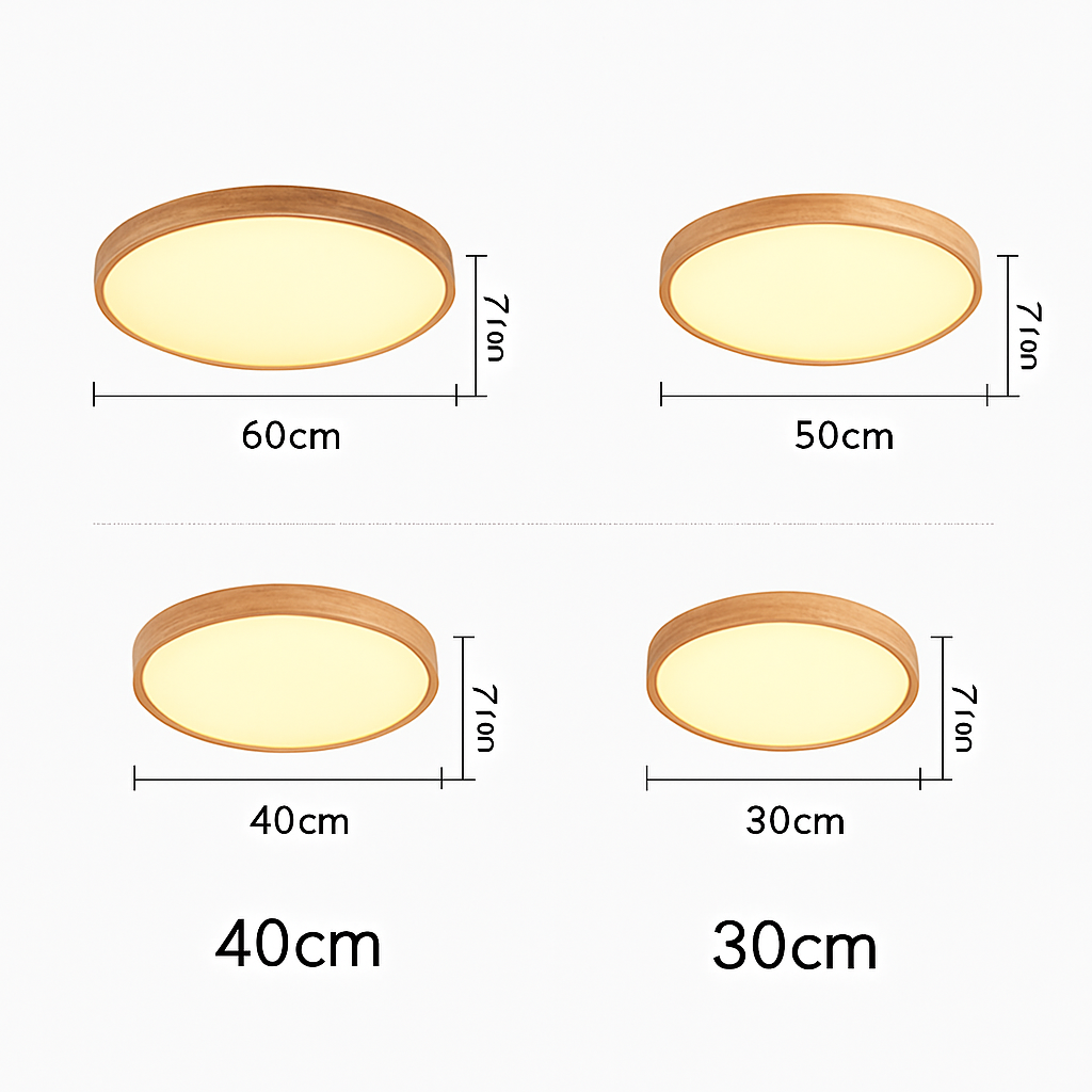 Plafonnier LED en bois – cercle au profil très fin, blanc chaud, blanc froid ou variable