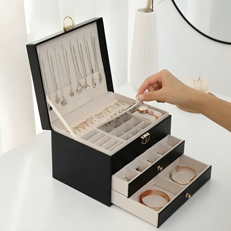 Boîte à bijoux à tiroirs – trois niveaux, intérieur doublé