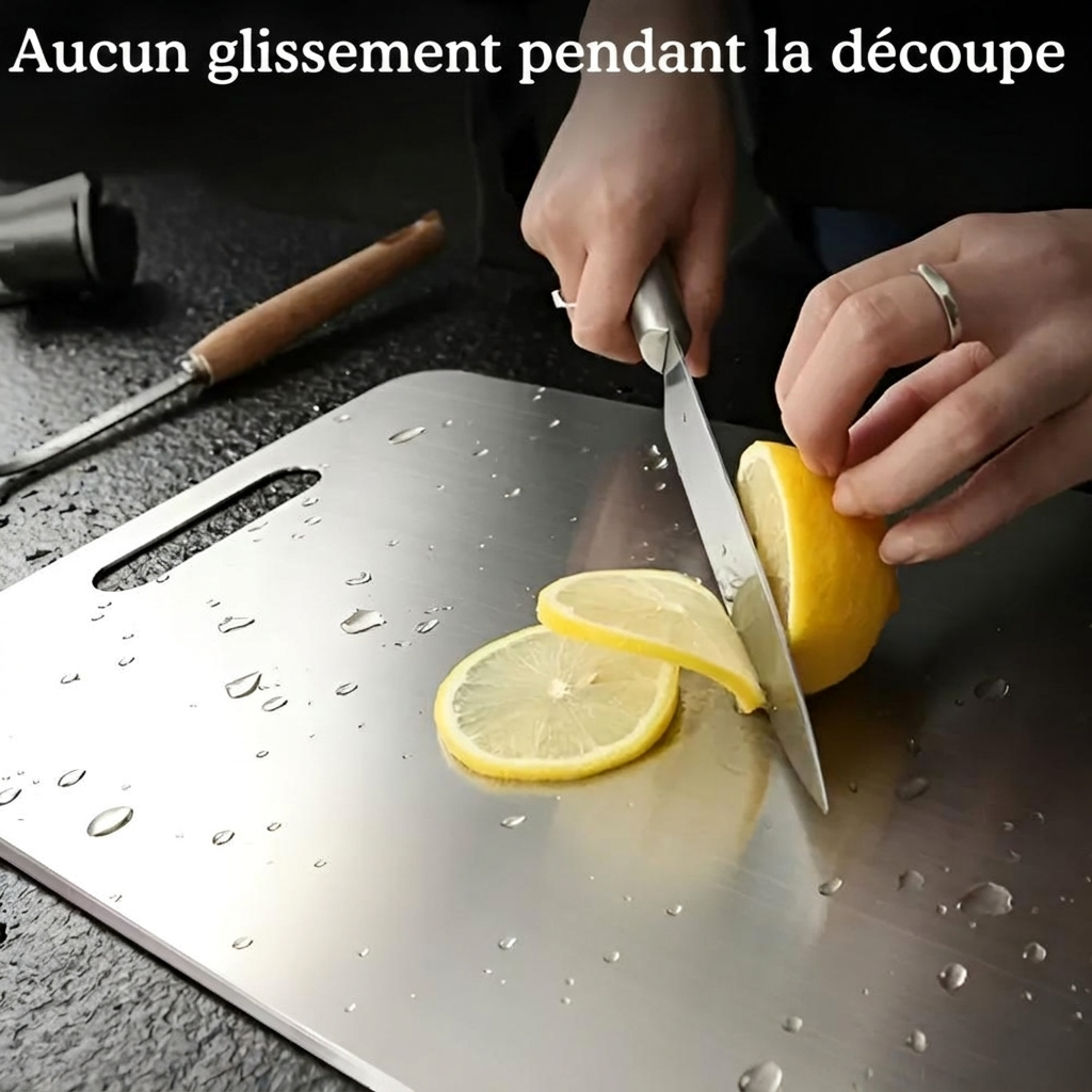 Découpe d'un citron sur la planche en inox, sans glissement