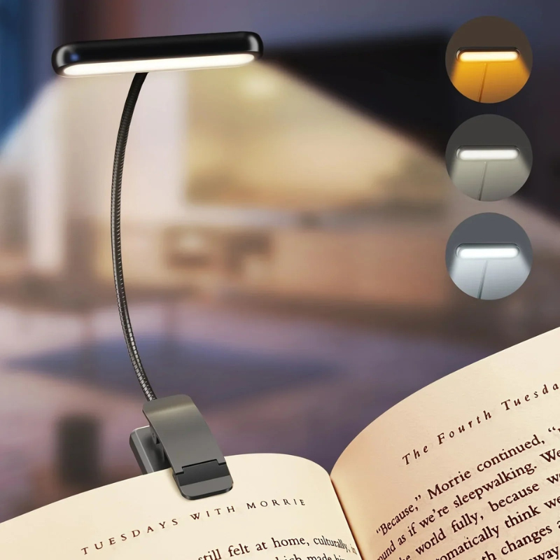 Lampe de lecture à pince rechargeable – bras flexible, 3 teintes