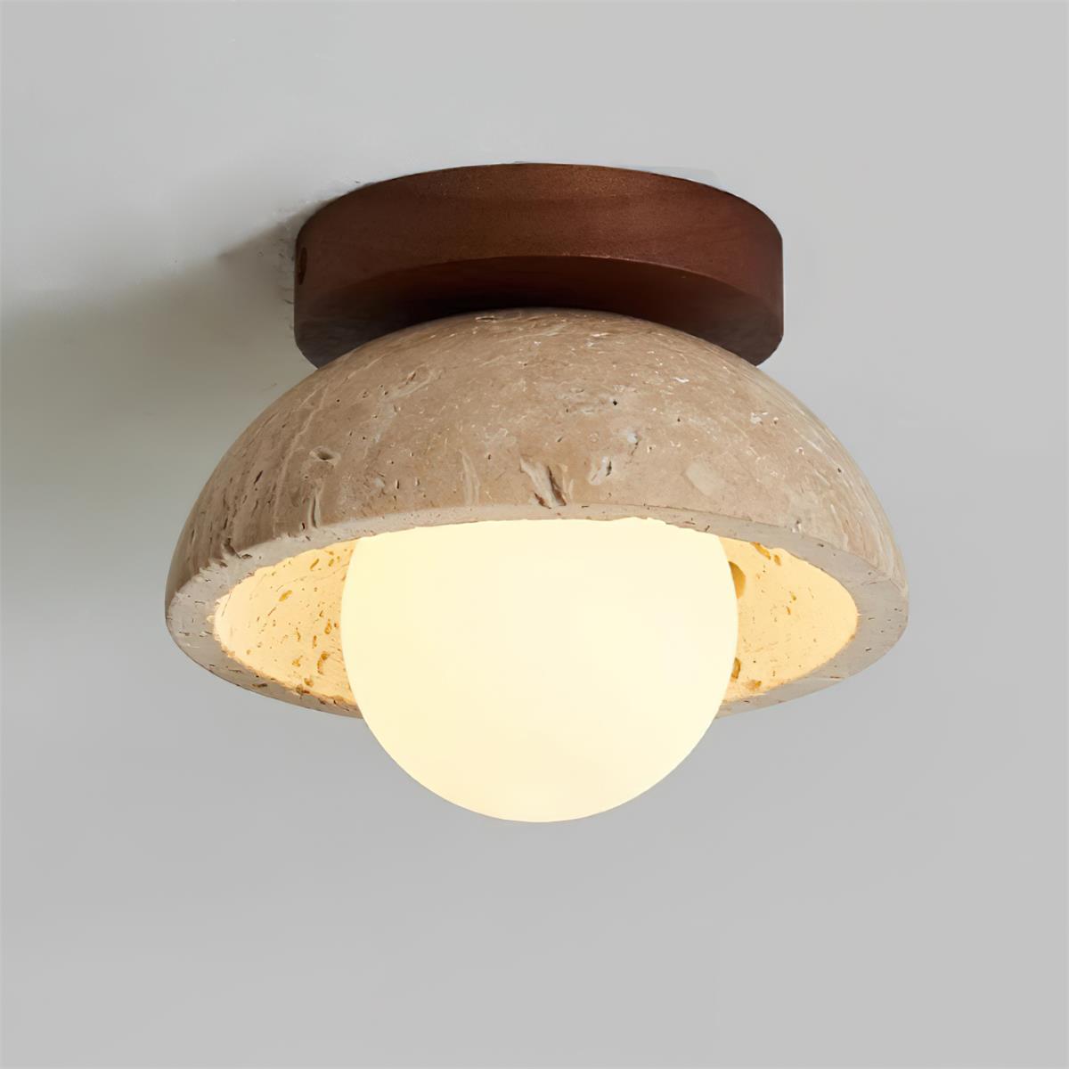 Plafonnier compact aspect pierre – globe opale et embase bois
