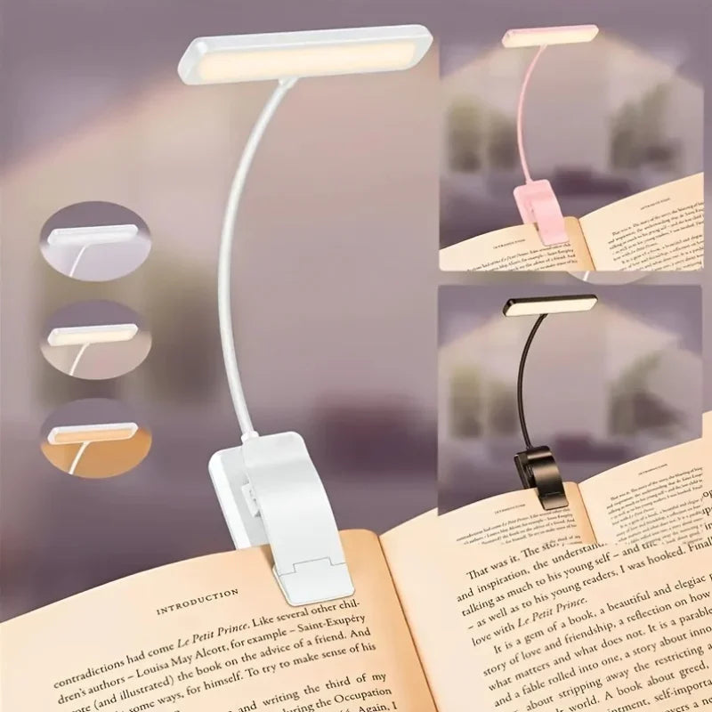 Lampe de lecture à pince rechargeable – bras flexible, 3 teintes