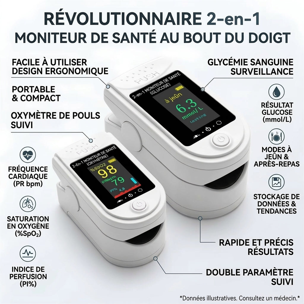 Appareil de doigt 2-en-1 – Mesures d'oxymétrie et glucose