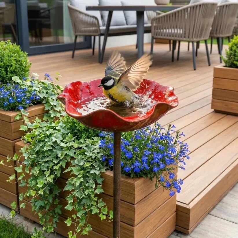 Abreuvoir oiseaux décoration – coquelicot rouge métallique