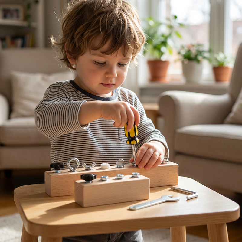 Planche à visser Montessori en hêtre avec sa visserie