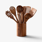 Batterie de cuisine 8 pièces – ensemble avec support en acacia
