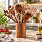 Batterie de cuisine 8 pièces – ensemble avec support en acacia