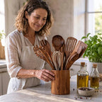 Batterie de cuisine 8 pièces – ensemble avec support en acacia
