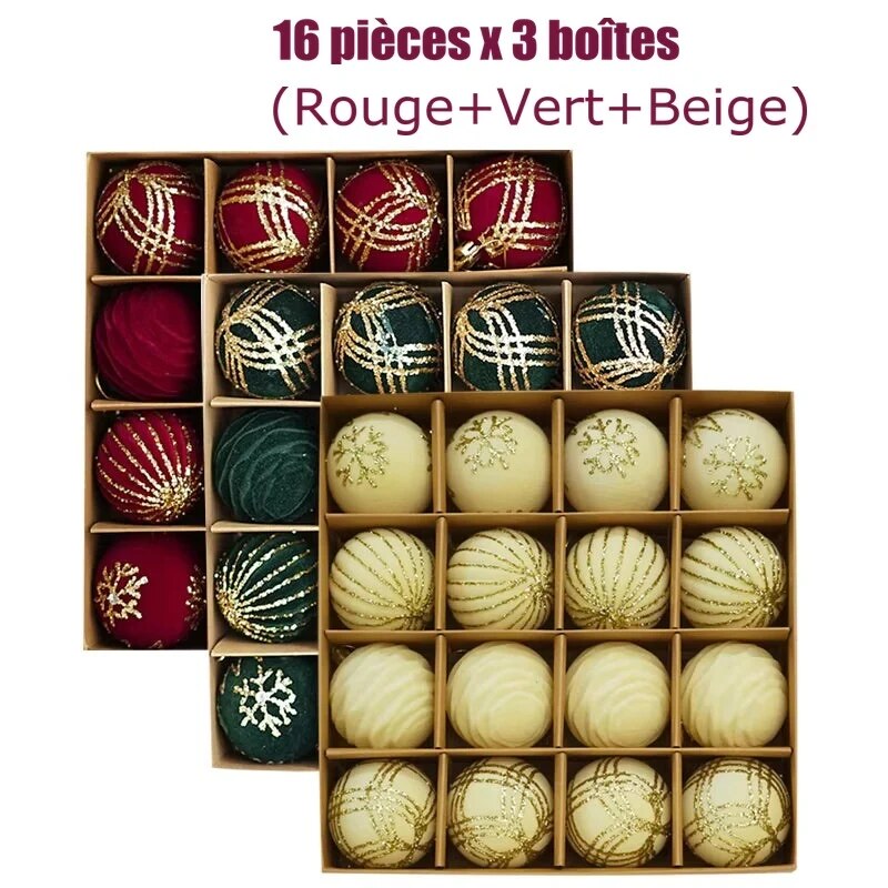 Boules de Noël floquées – lot assortiment à suspendre