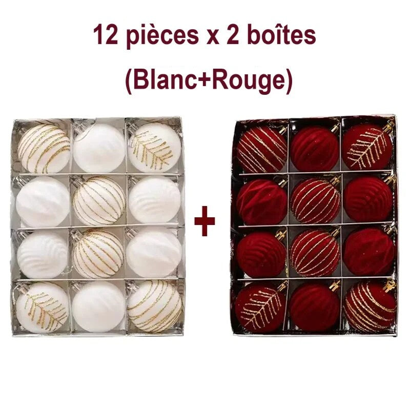 Boules de Noël floquées – lot assortiment à suspendre
