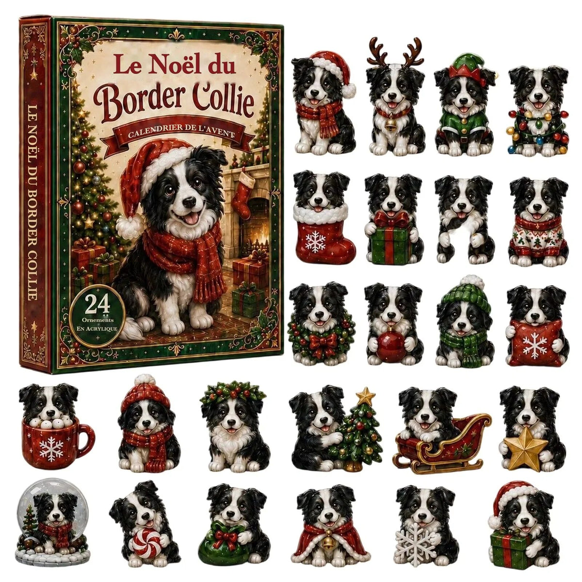 Calendrier de l'avent border collie – 24 pendentifs acrylique