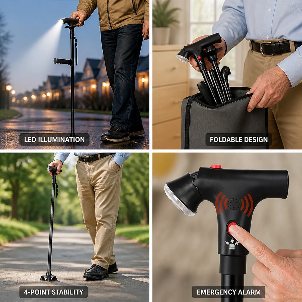 Canne de marche pliante – LED, alarme et support stable