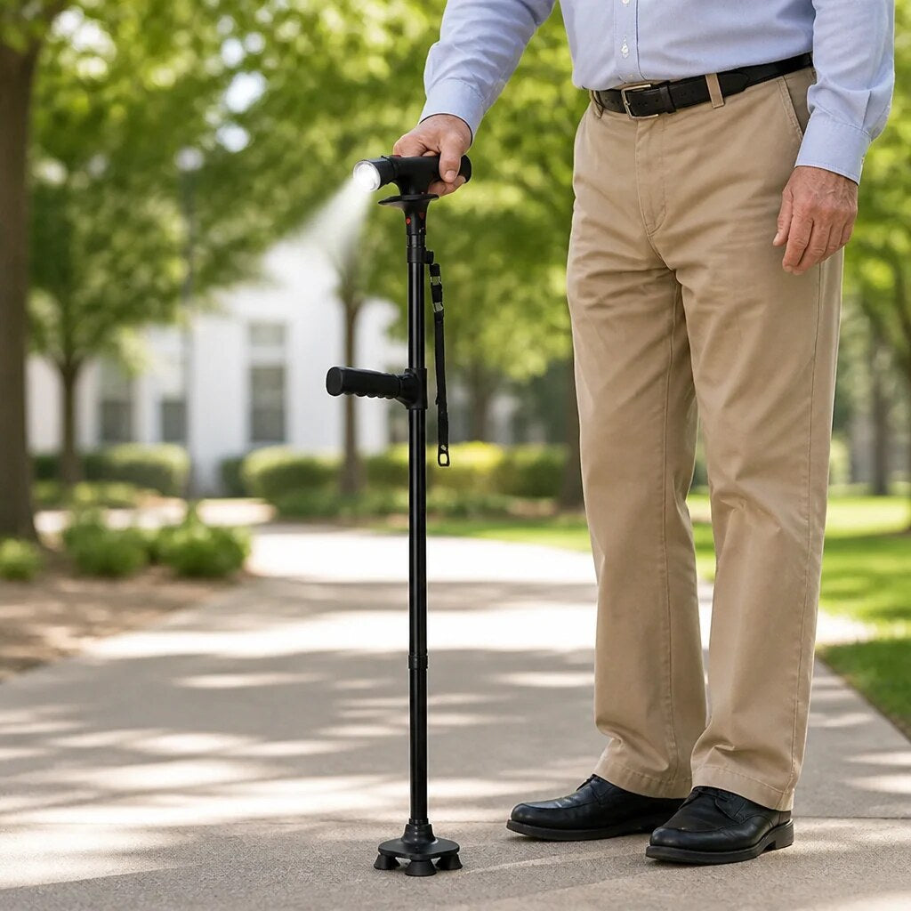Canne de marche pliante – LED, alarme et support stable