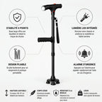 Canne de marche pliante – LED, alarme et support stable