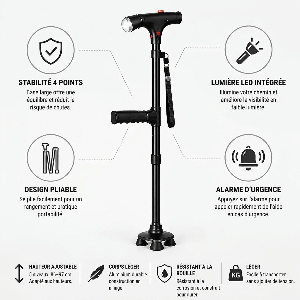 Canne de marche pliante – LED, alarme et support stable