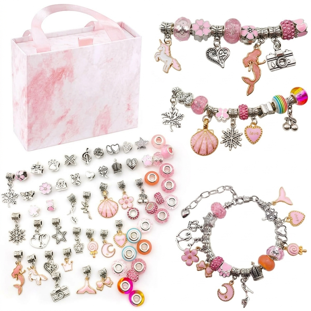 Kit de bracelets à composer – 3 bracelets, 60 perles et breloques, coffret inclus