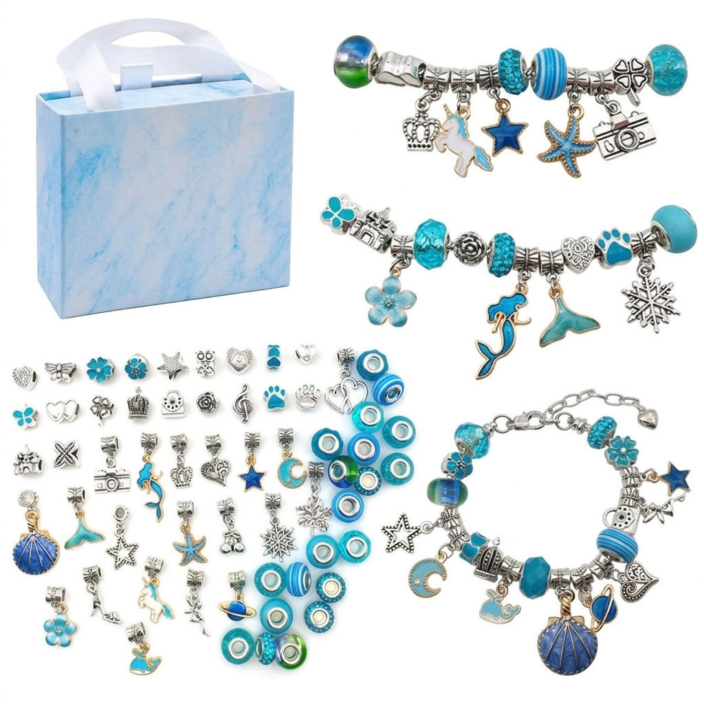 Kit de bracelets à composer – 3 bracelets, 60 perles et breloques, coffret inclus