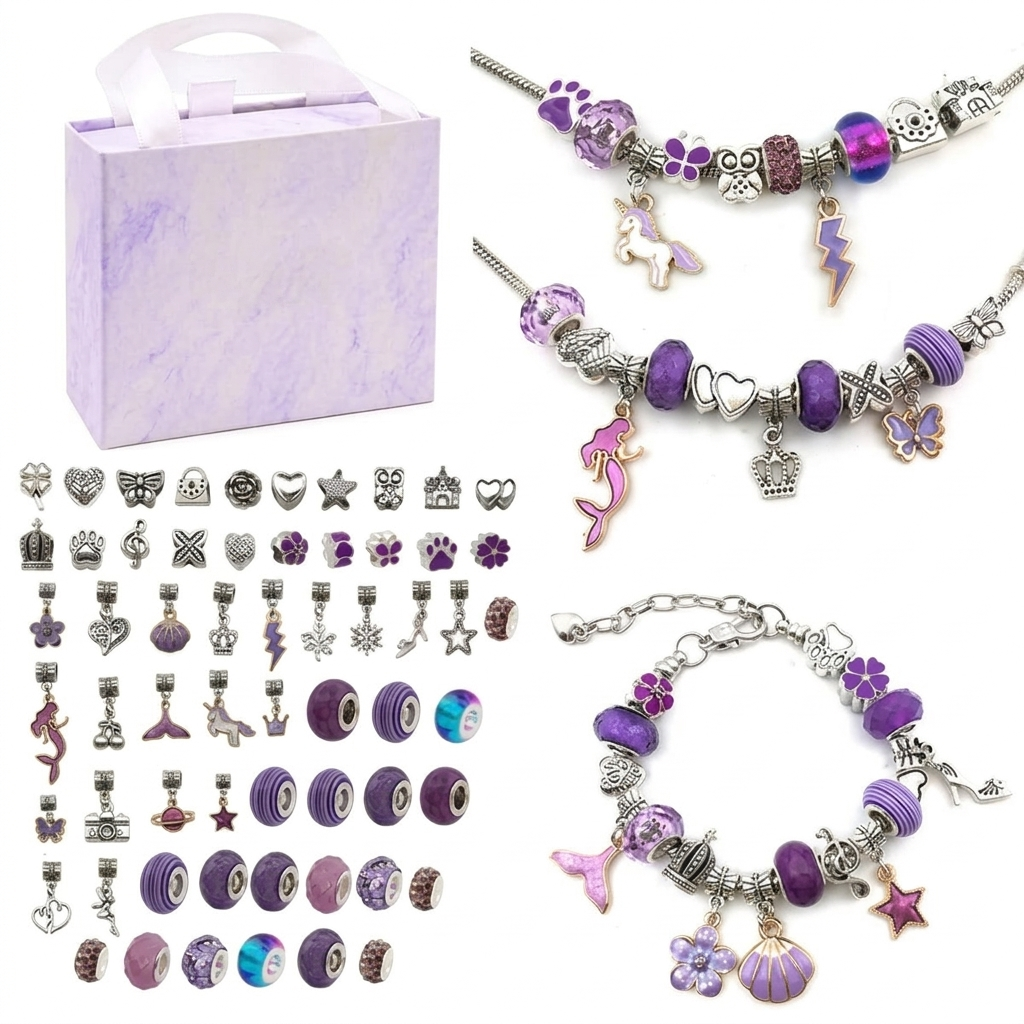 Kit de bracelets à composer – 3 bracelets, 60 perles et breloques, coffret inclus