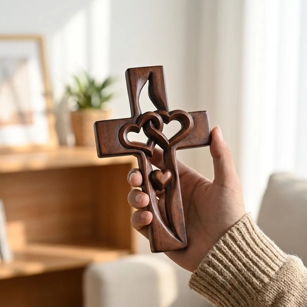 Croix murale bois naturel – Cœurs sculptés entrecroisés